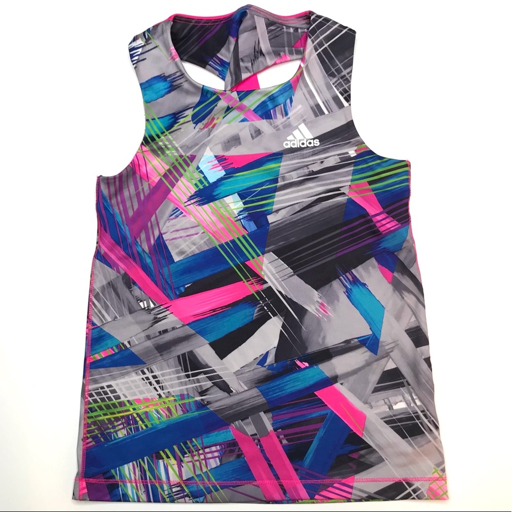 Adidas Girls 6X Climalite Tank Top Paint Brush Stroke Geometric Twist Back Shirt